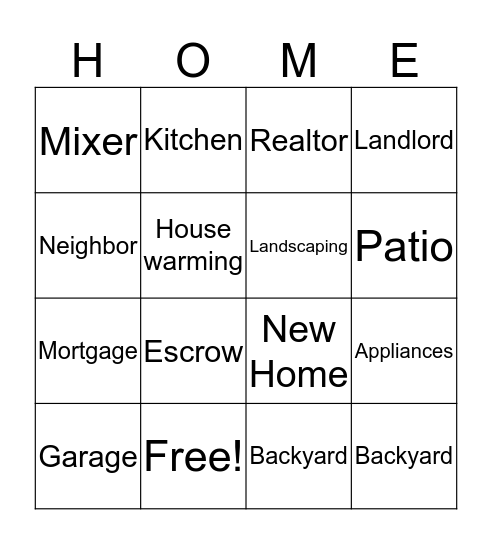 Lyles House Warming/Welcome Home Bingo Card