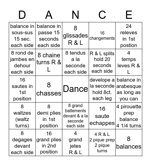 Ballet Bingo Card