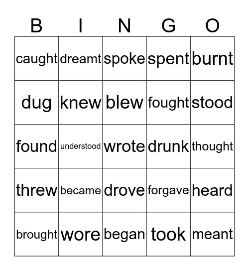 Past Tense Bingo Card