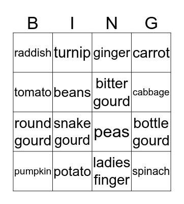 veggies Bingo Card