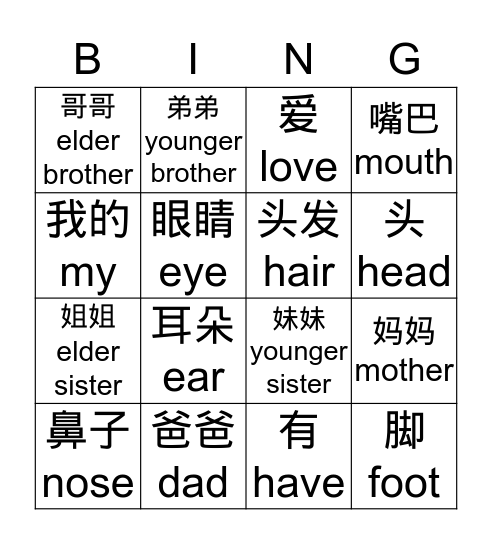 家庭+身体部位1b Bingo Card