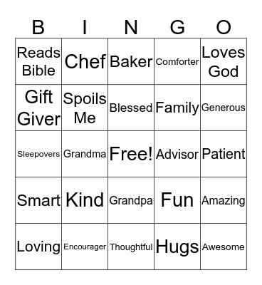 Grandparent Bingo Card