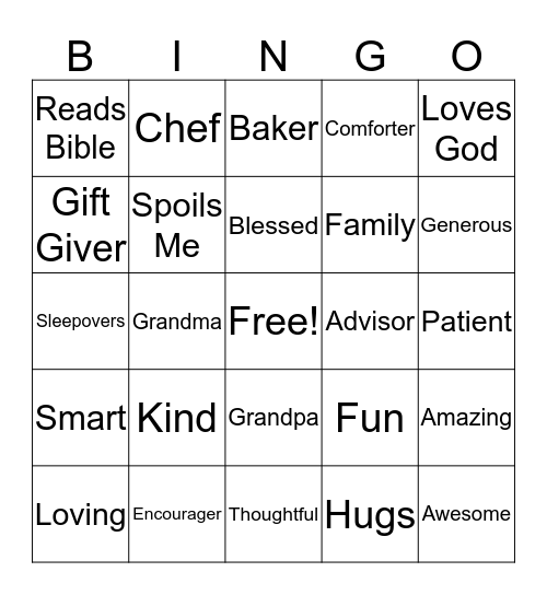 Grandparent Bingo Card