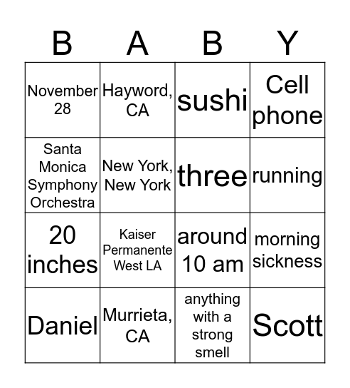 Baby Hogue Bingo Card