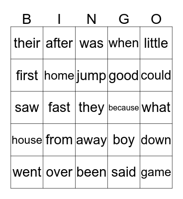 1st Grading Period Sight Words Bingo Card