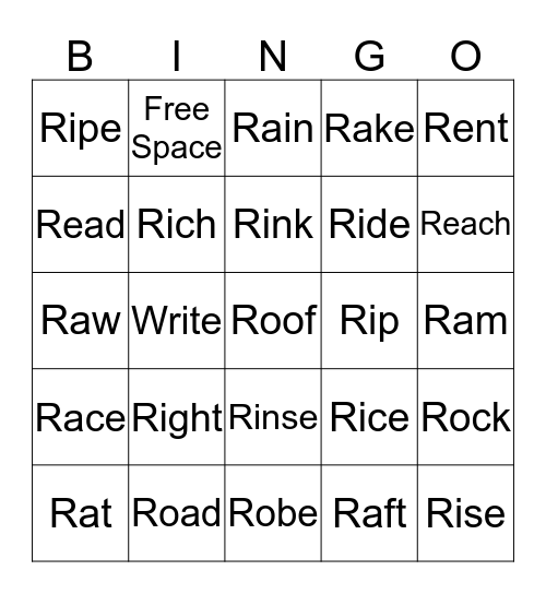 "R" Bingo Card