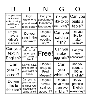 CAN OR DO YOU? Bingo Card