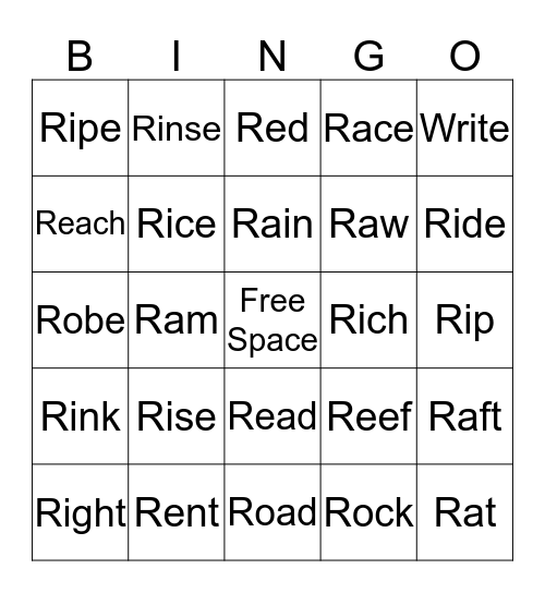 "R" Bingo Card