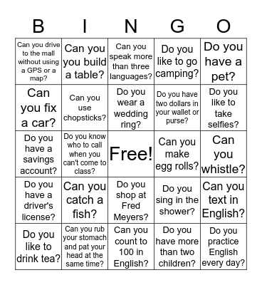CAN OR DO YOU? Bingo Card