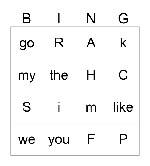 Sight words and letters Bingo Card