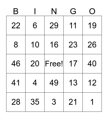 Number Bingo Card