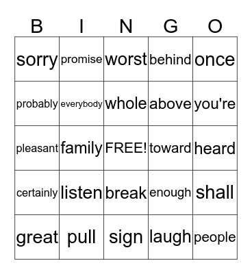 Vocabulary Bingo Card