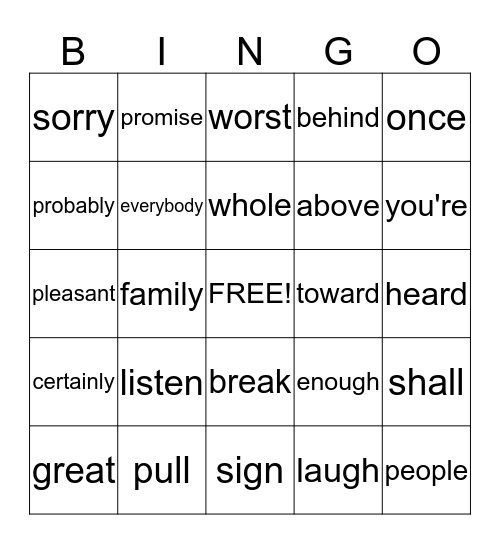 Vocabulary Bingo Card