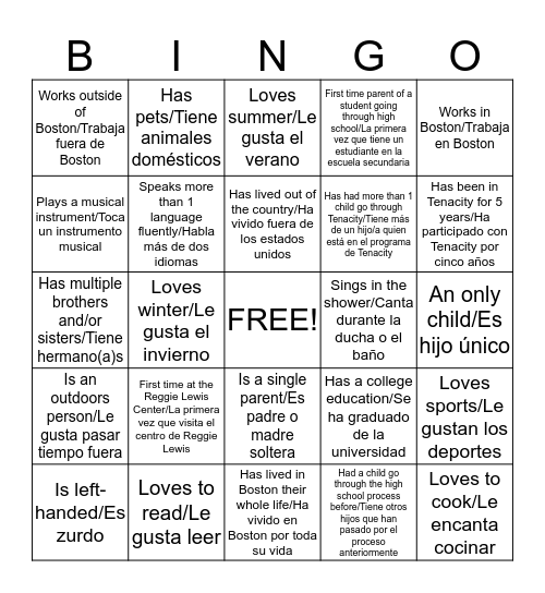 Family Bingo/Bingo para las familias Bingo Card