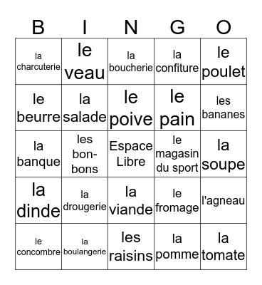 La Nourriture Bingo Card