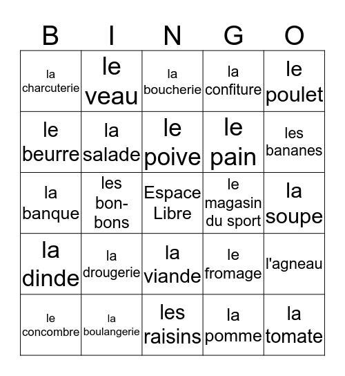 La Nourriture Bingo Card