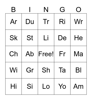Spelling Word Bingo Card