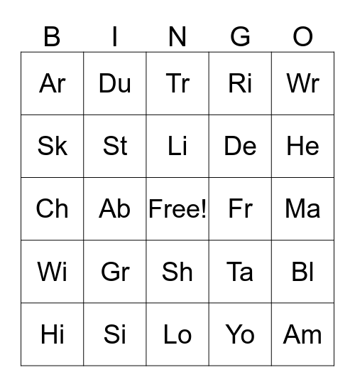 Spelling Word Bingo Card