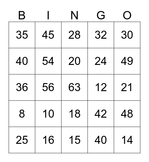 Multiplication (2-9) x4, x5, x6, x7 on 9-30-18 Bingo Card