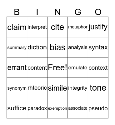 Vocabulary Bingo Card