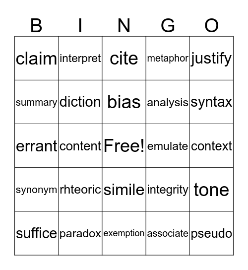 Vocabulary Bingo Card