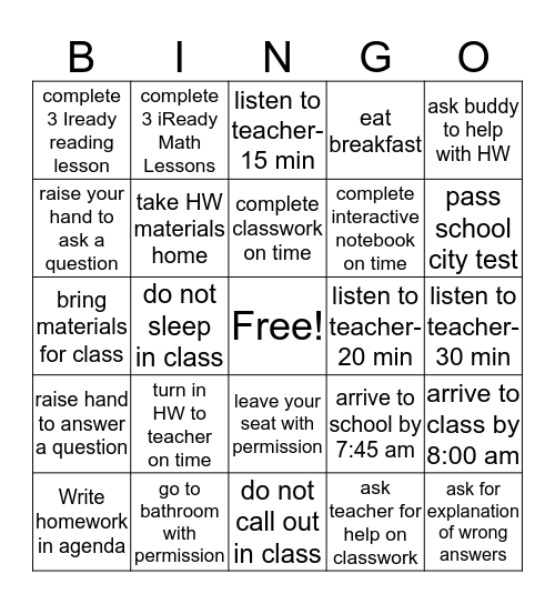 Weekly Study Skills Bingo Challenge Bingo Card
