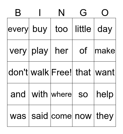 "Dan's Pet" Word Power Words Bingo Card