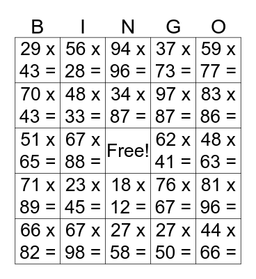 Multiplication Bingo Card
