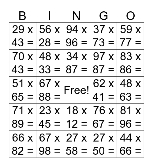 Multiplication Bingo Card