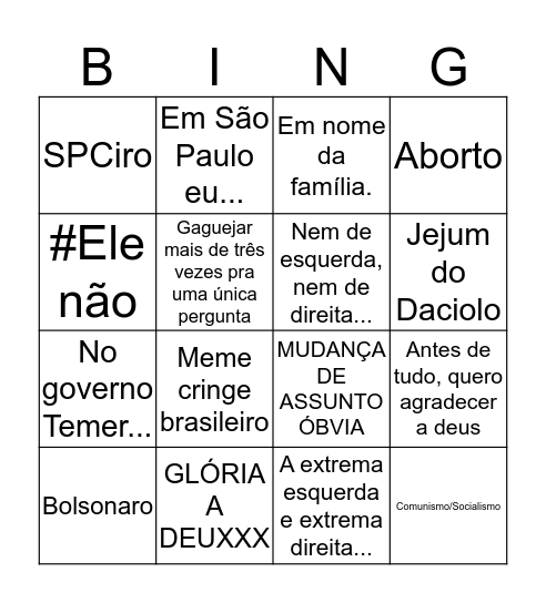 Bingo dos presidenciáveis Bingo Card