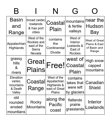 N. American Geographical Regions Bingo Card