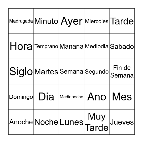 Days and Times Bingo Card