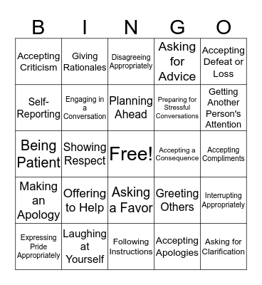 Skills Bingo Card