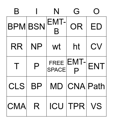 Vital Signs/Health Care Providers  Bingo Card
