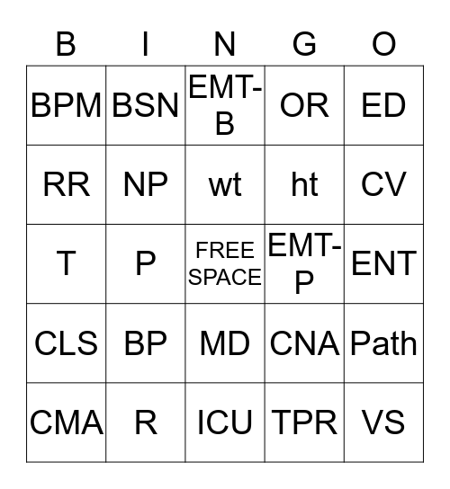 Vital Signs/Health Care Providers  Bingo Card