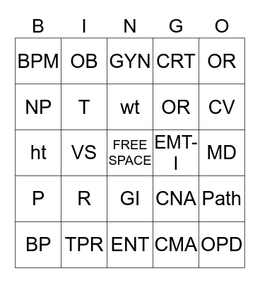 Vital Signs/Health Care Providers  Bingo Card