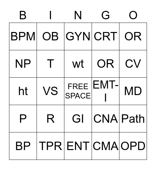 Vital Signs/Health Care Providers  Bingo Card