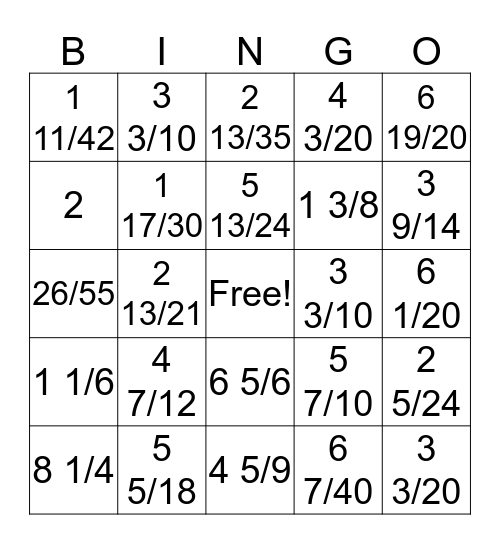 Mixed Numbers Addition and Subtraction Bingo Card