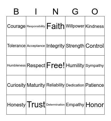 Characteristics Bingo Card