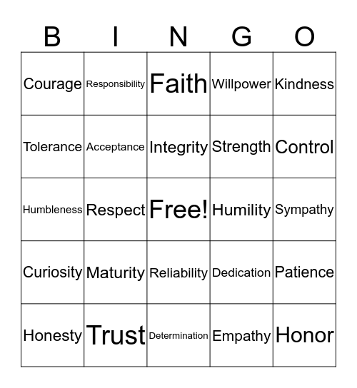 Characteristics Bingo Card