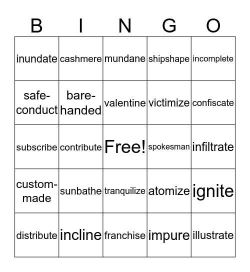 Multisyllabic Syllables Bingo Card