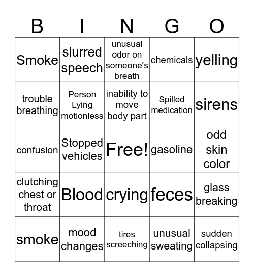 Recognizing an Emergency Bingo Card