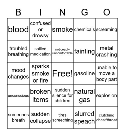 recognizing an emergency  Bingo Card