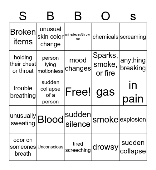 Recognizing an Emergency Bingo Card