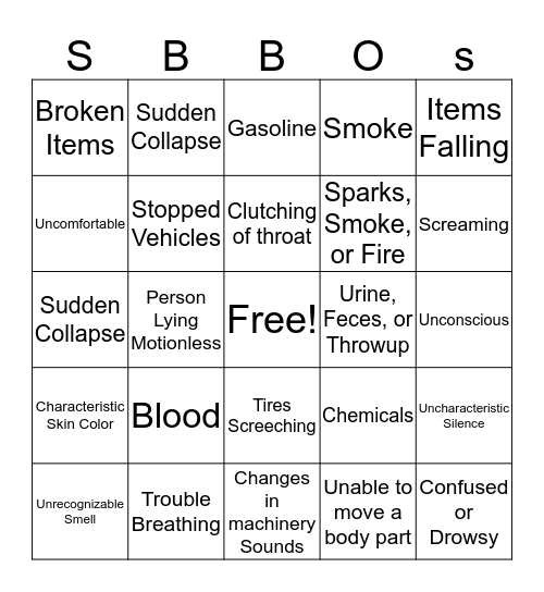 Recognizing an Emergency Bingo Card