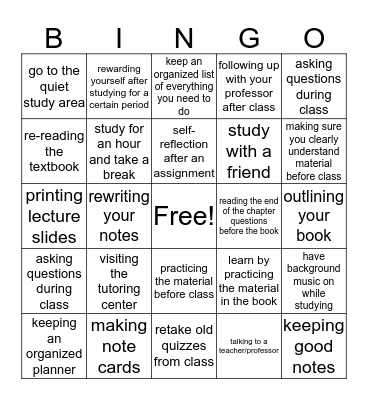 Study Skills Bingo Card
