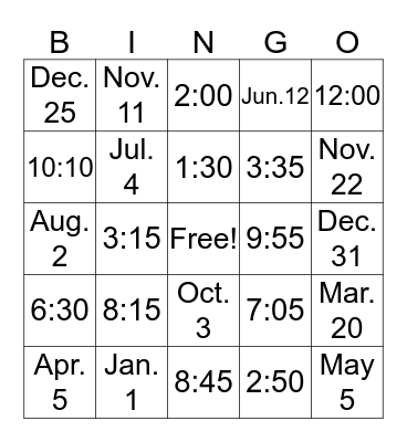 Time and dates Bingo Card
