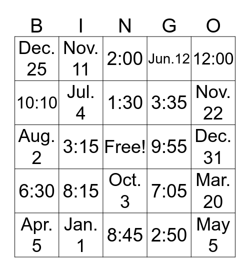 Time and dates Bingo Card