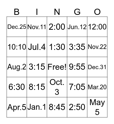Time and dates Bingo Card