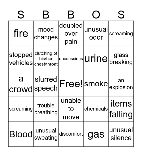 Recongnizing an emergency Bingo Card